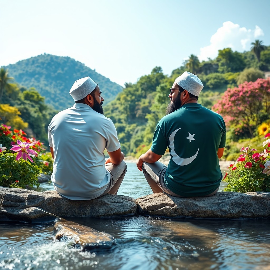 A serene paradise setting featuring two Muslim men sitting opposite each other, engaged in conversation