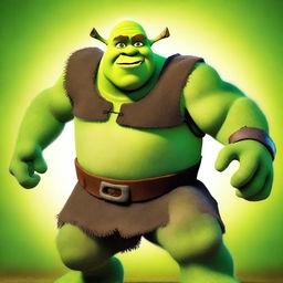 Shrek, the heroic green ogre, charging forward with a determined expression on his face against a vibrant background