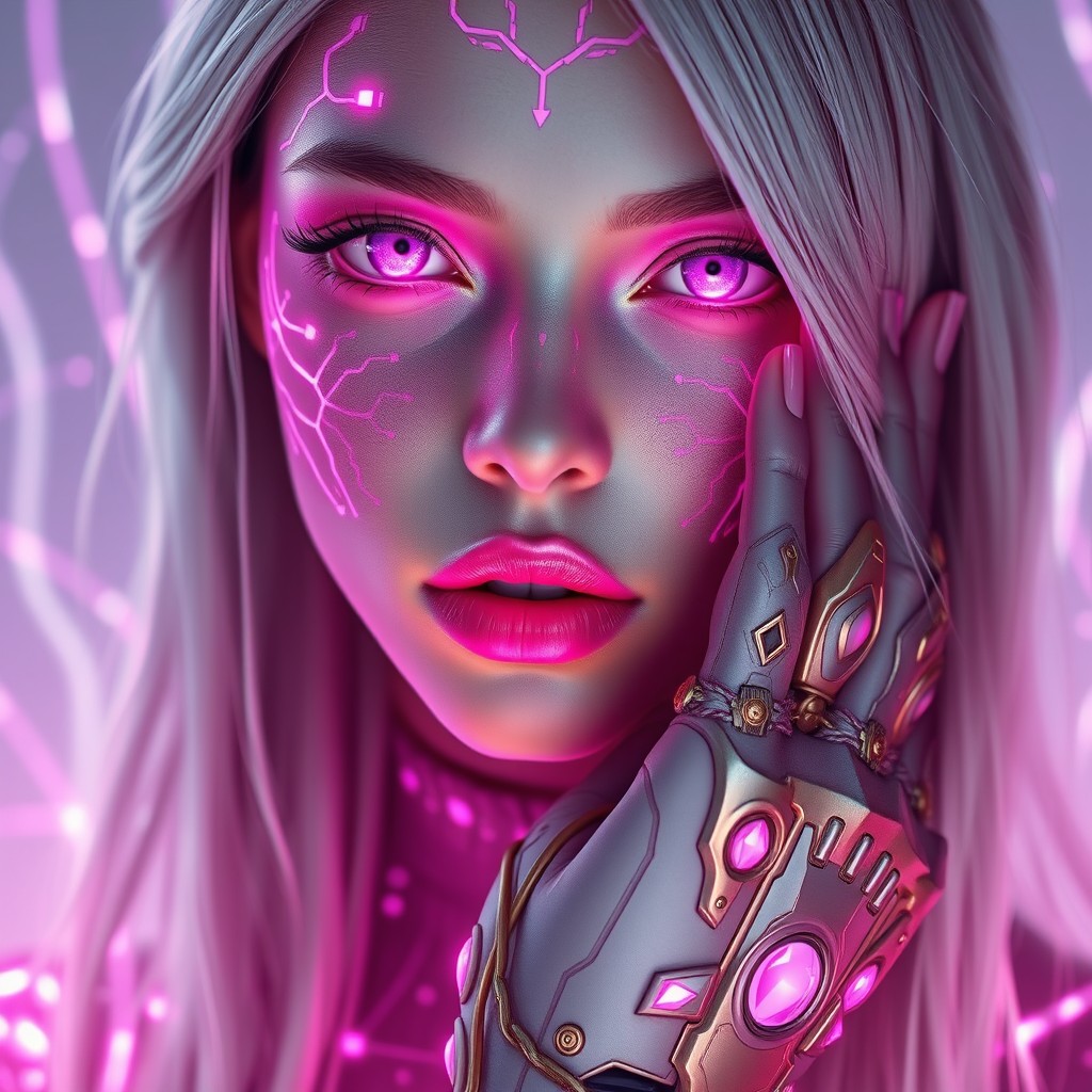 A beautiful futuristic fantasy woman with glowing violet eyes and full pink lips, her face and skin covered in luminous pink magical circuits and markings