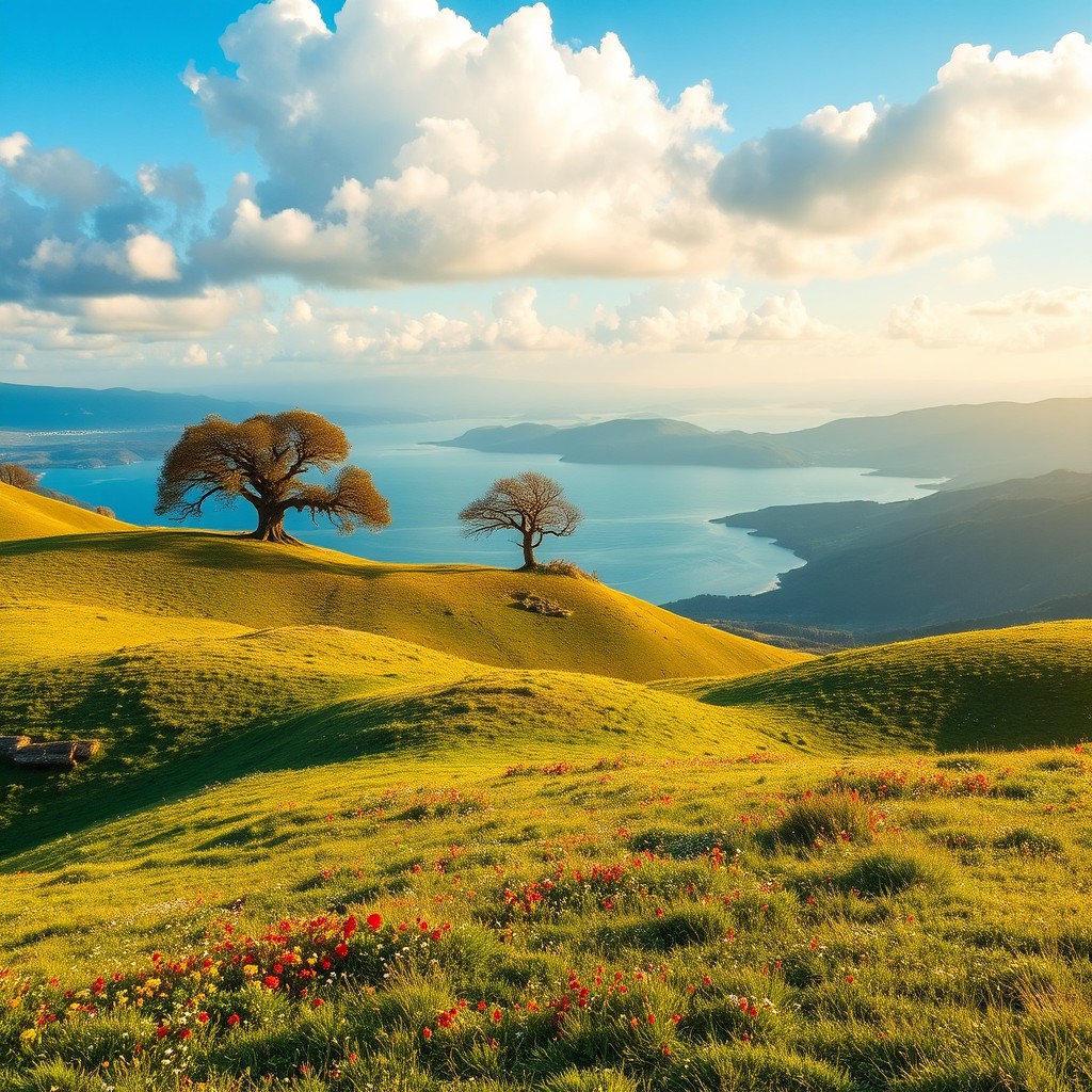 A captivating scene featuring a majestic landscape, with rolling hills covered in vibrant green grass, dotted with colorful wildflowers