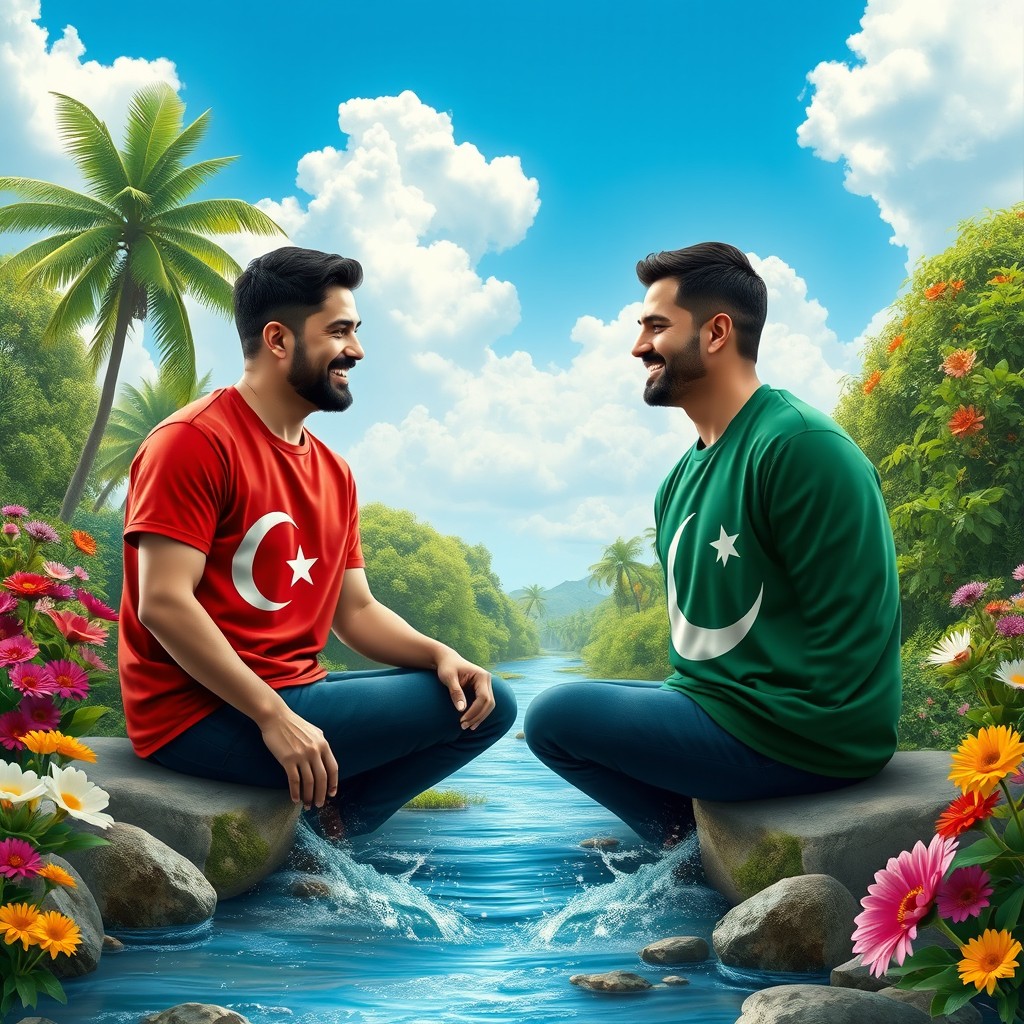 A vivid scene in paradise depicting two men sitting opposite each other, one wearing a T-shirt with the Turkish flag and the other in a T-shirt adorned with the Pakistani flag