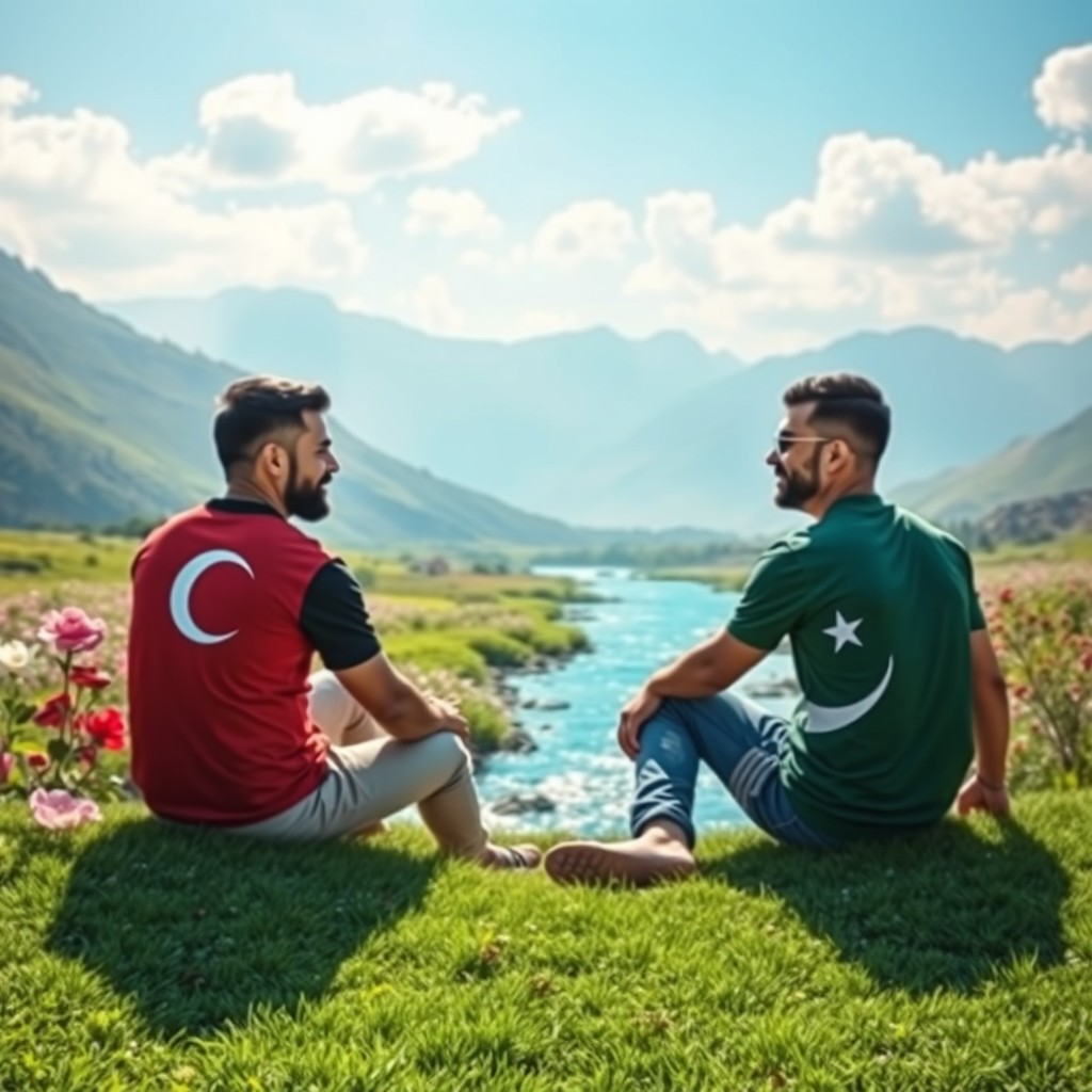 A serene paradise setting with two men seated opposite each other on a beautiful grassy area
