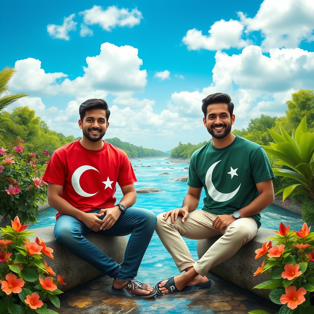A serene paradise scene featuring two men sitting opposite each other, one wearing a vibrant T-shirt emblazoned with the Turkish flag and the other in a striking T-shirt adorned with the Pakistani flag