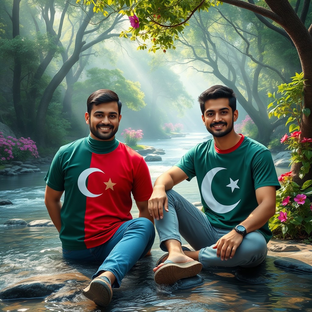 A serene paradise scene featuring two men sitting opposite each other