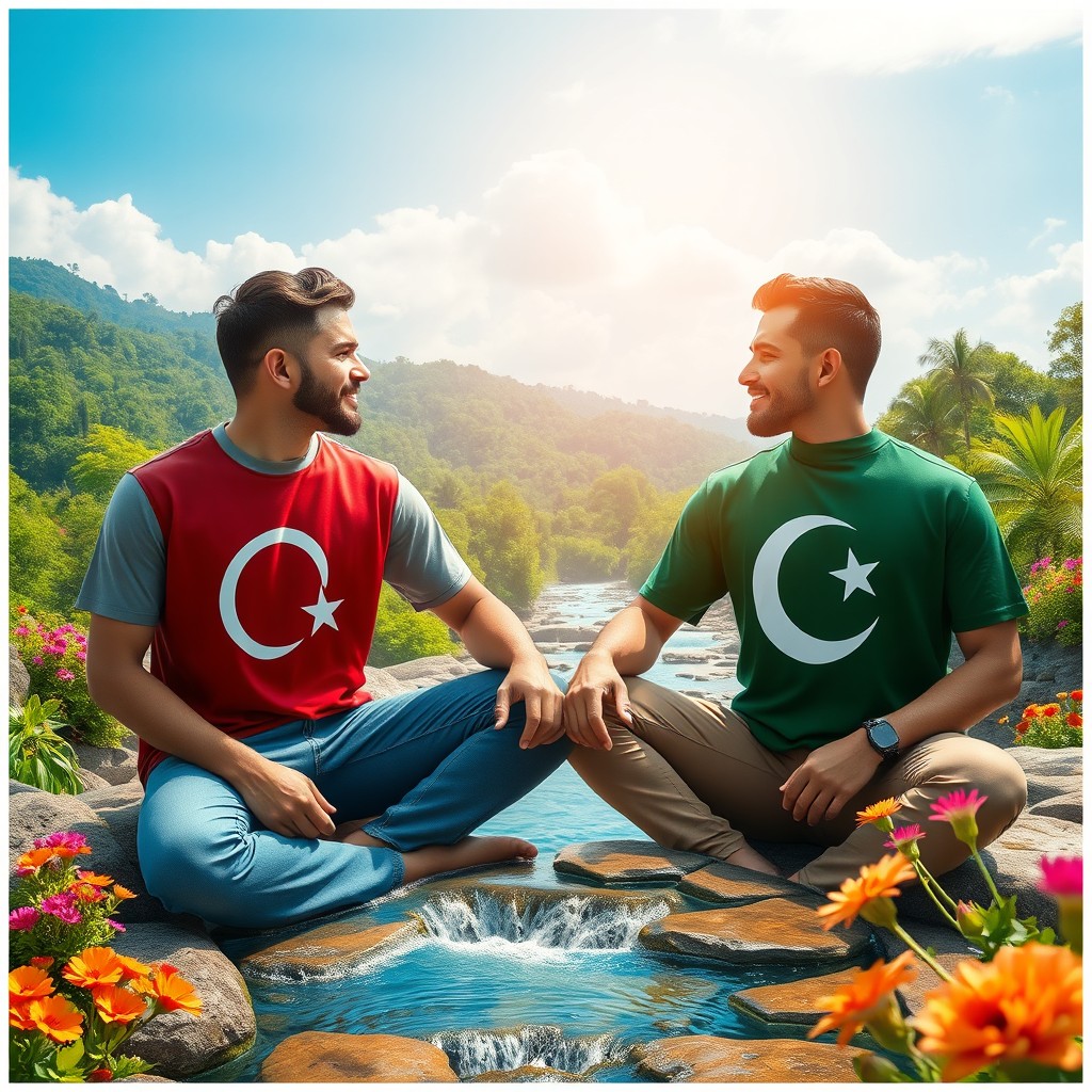 A serene paradise setting featuring two men sitting opposite each other