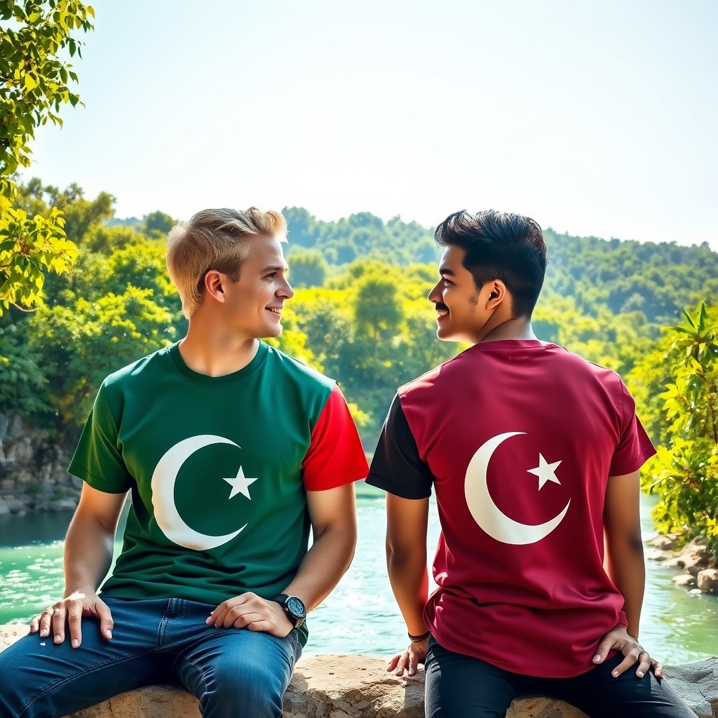 A vibrant scene depicting a blonde man wearing a T-shirt featuring the Turkish flag and a brunette man in a T-shirt adorned with the Pakistani flag