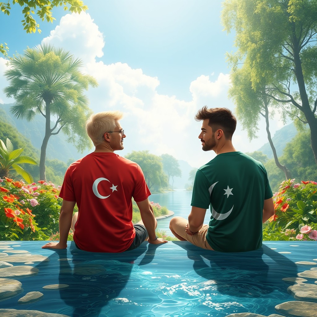 A scene depicting two men sitting opposite each other in a heavenly paradise setting, surrounded by lush greenery and vibrant flowers
