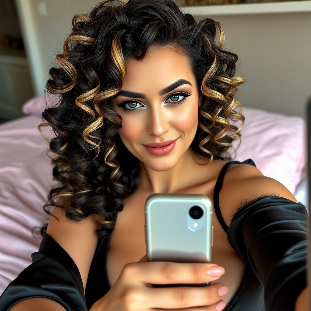 An Italian woman in her home, featuring dark, very long, curly spiral perm hair with blonde highlights
