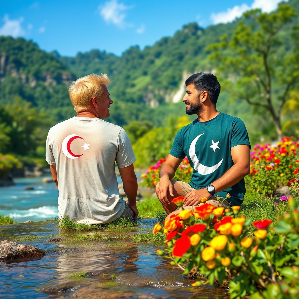 A picturesque scene depicting a blonde man wearing a T-shirt featuring the Turkish flag and a brunette man in a T-shirt showcasing the Pakistani flag