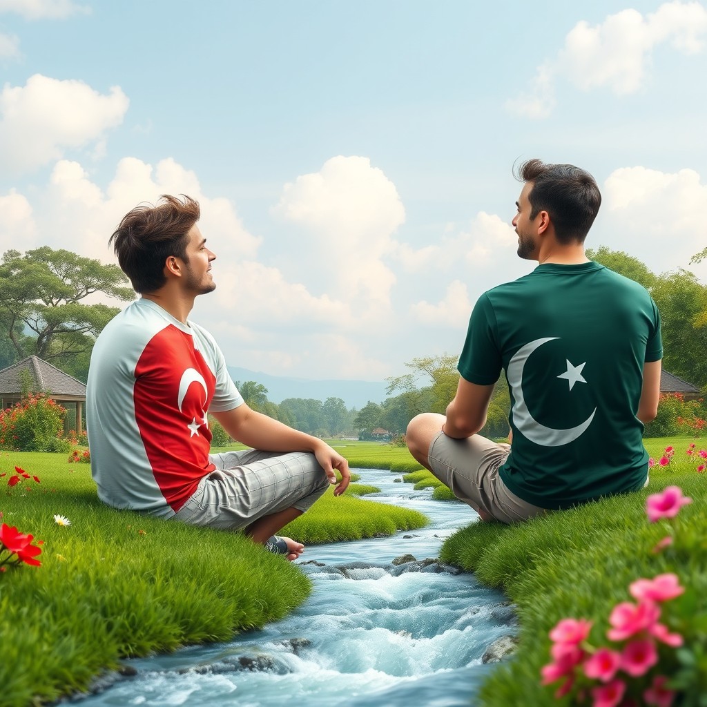 A serene paradise scene featuring two men sitting opposite each other