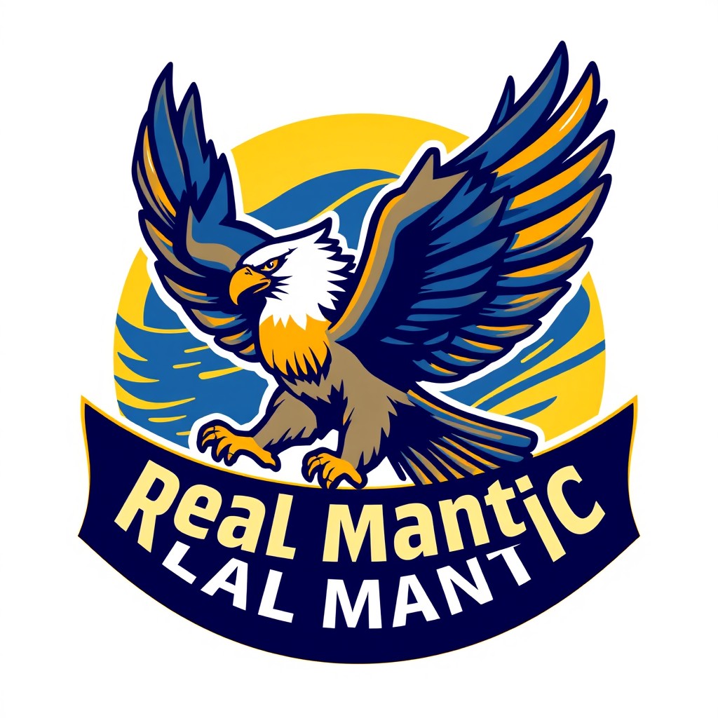 A logo design for a fictional football club named 'Real Mantic', featuring a majestic eagle in an impressive flying pose