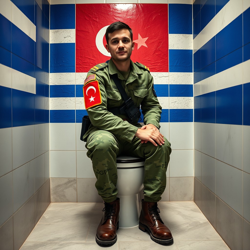 A soldier in full military attire, featuring a prominent Turkish flag patch on his arm, sitting on a standard toilet