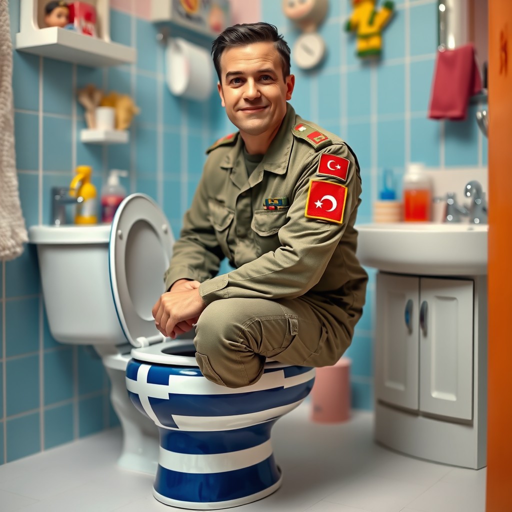 A humorous and surreal scene featuring a soldier wearing a military uniform with a Turkish flag patch on his arm, sitting on a toilet that has a Greek flag design