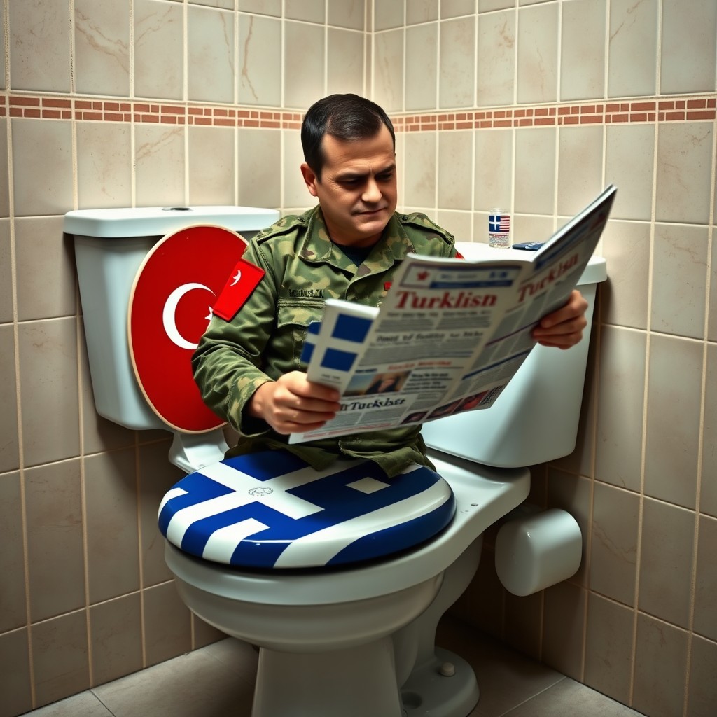 A soldier in military fatigues, featuring a Turkish flag patch on his arm, is sitting on a toilet where the seat is adorned with a Greek flag design