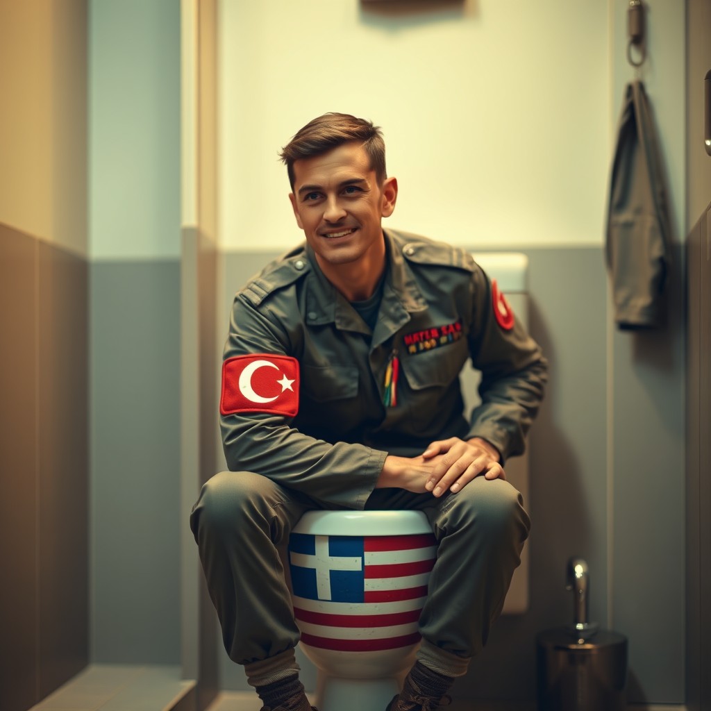 A realistic scene of a soldier in military uniform sitting on a toilet, with a Turkish flag patch on his arm