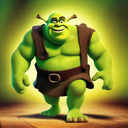 Shrek, the heroic green ogre, charging forward with a determined expression on his face against a vibrant background