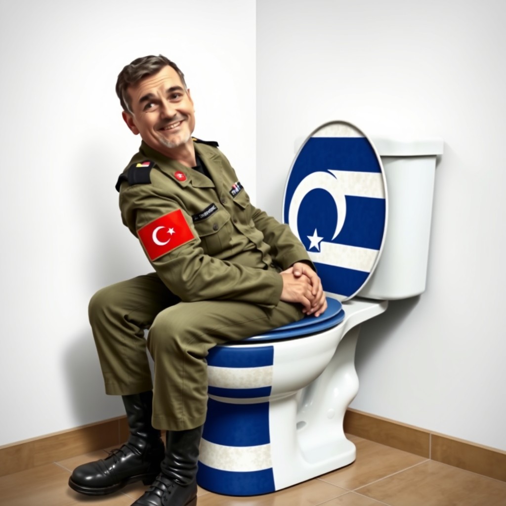 A humorous scene depicting a soldier wearing a military uniform with a Turkish flag patch on his arm, sitting on a toilet