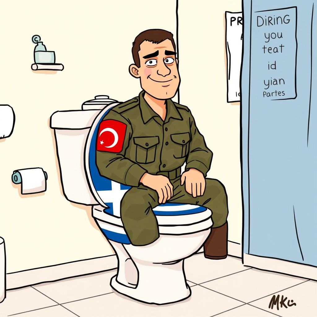 A humorous cartoon-style illustration depicting a soldier wearing a military uniform with a Turkish flag patch on his arm, sitting on a toilet that features a Greek flag design