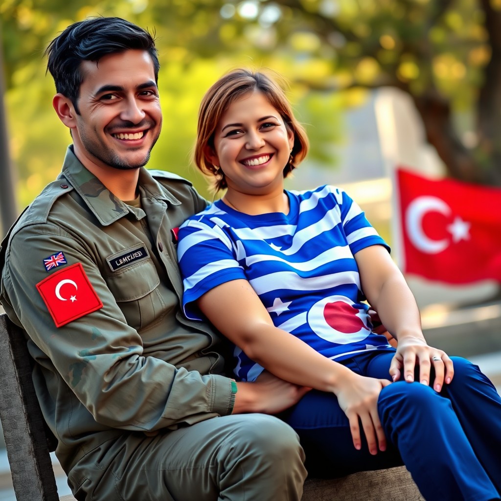 A scene depicting camaraderie, featuring a person wearing a colorful Greek flag t-shirt sitting on the lap of a soldier adorned with a Turkish flag patch on his arm