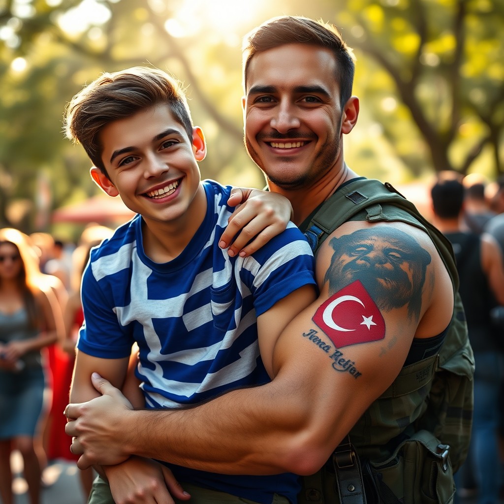 A vibrant and colorful scene depicting a cheerful individual wearing a Greek flag t-shirt, sitting playfully on the lap of a strong soldier who's proudly displaying a Turkish flag tattoo on his arm