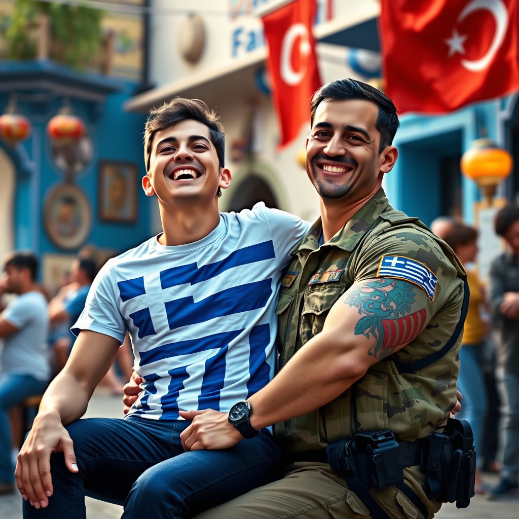 A scene depicting a person wearing a Greek flag t-shirt, joyfully sitting on the lap of a soldier who has a Turkish flag tattooed on his arm