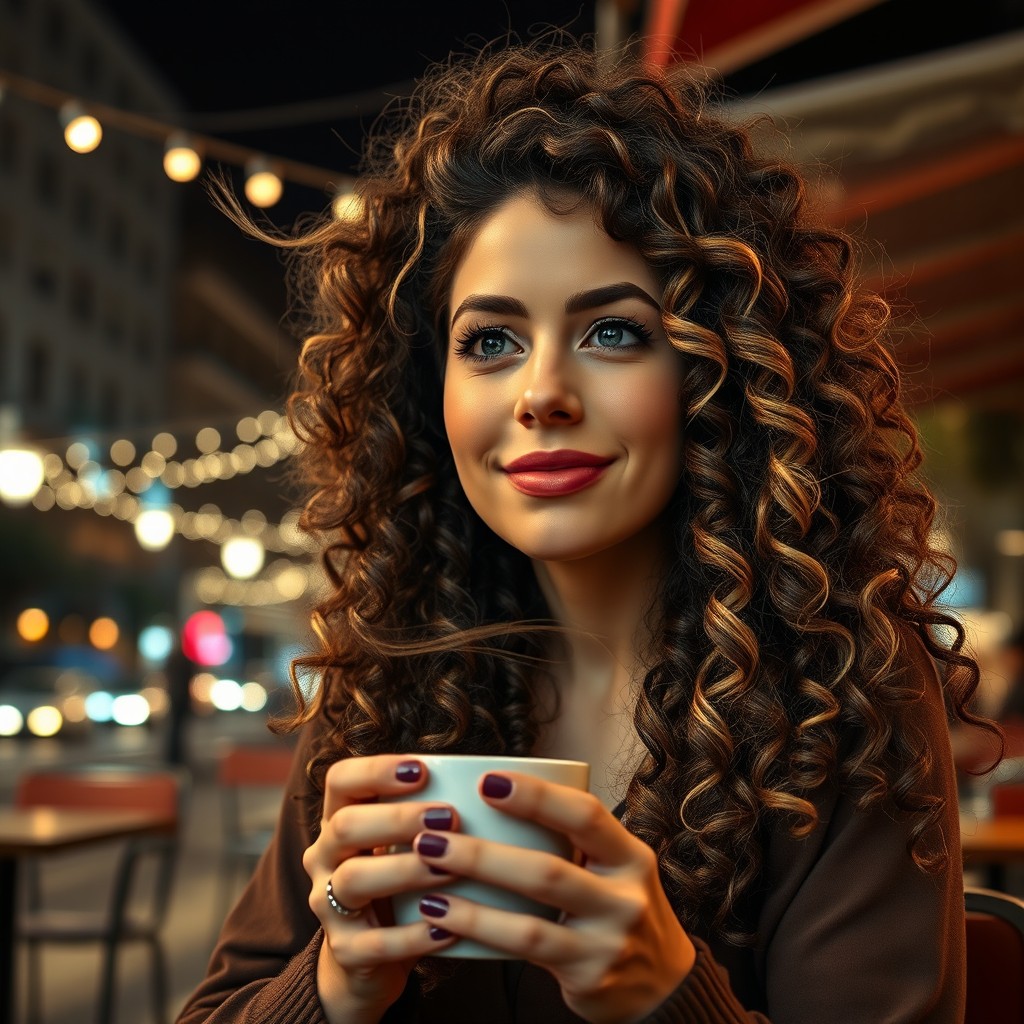 An Italian woman with dark, very long, curly spiral perm brown hair featuring blonde highlights