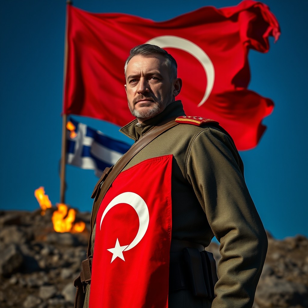 A noble-looking Turkish soldier in a traditional military uniform, standing tall and strong, with the Turkish flag prominently displayed on his arm