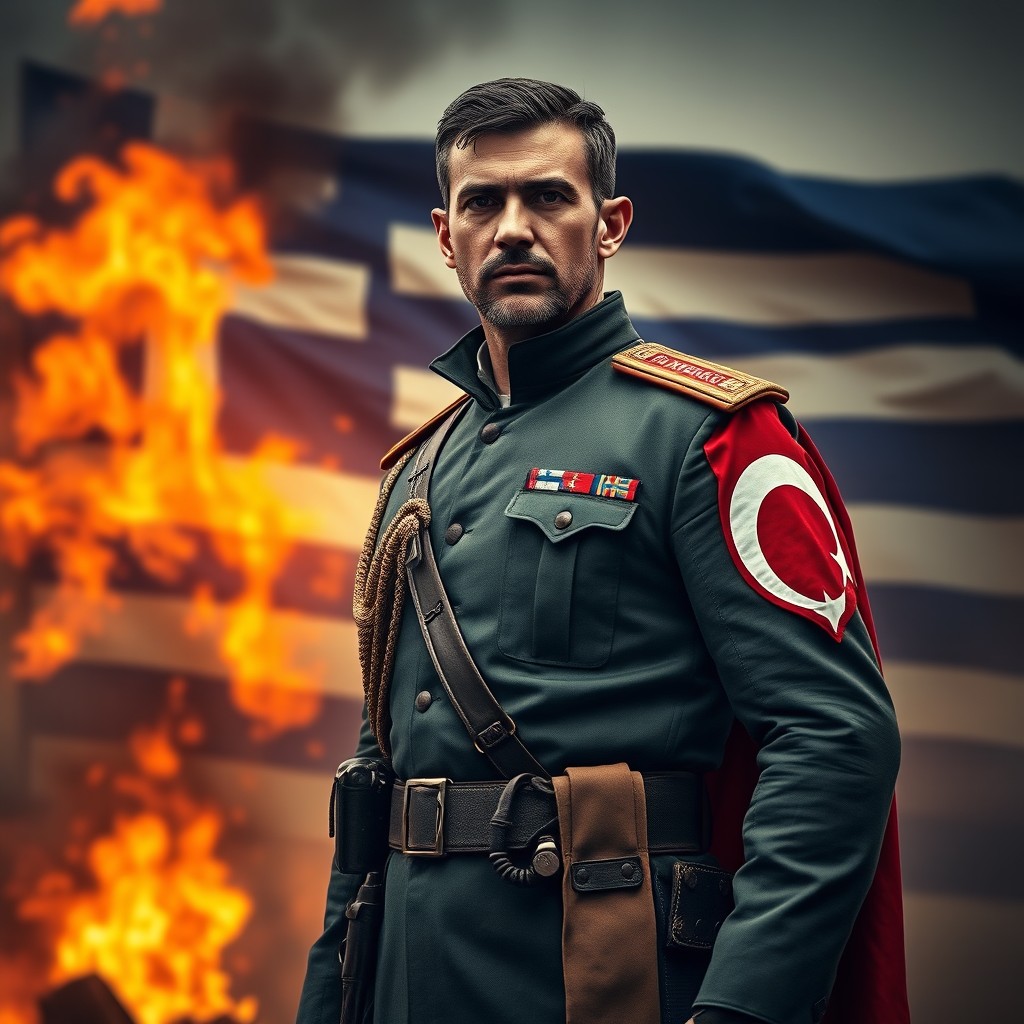 A noble-looking Turkish soldier standing proudly with the Turkish flag on his arm