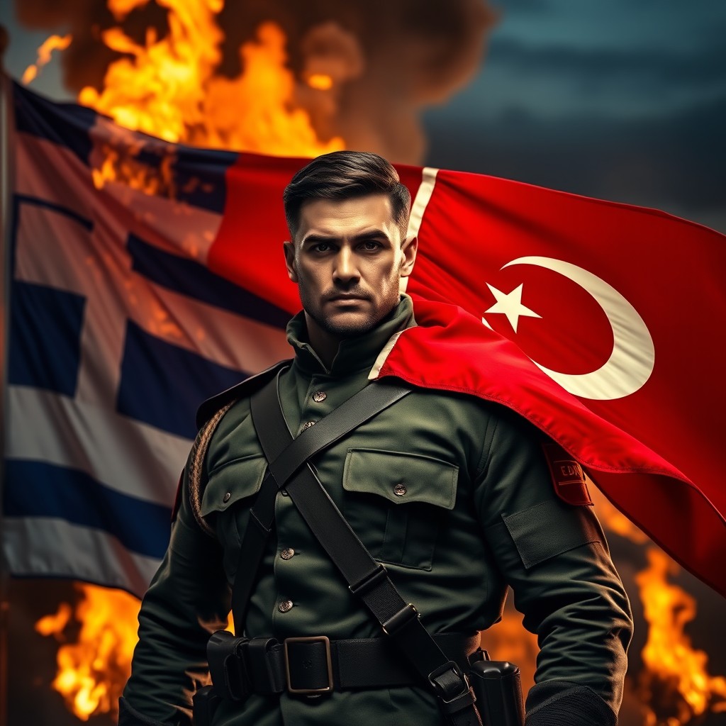 A noble-looking Turkish soldier stands proudly in front of a burning Greek flag, showcasing his strong physique and determined expression