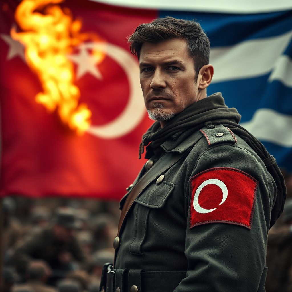 A noble-looking Turkish soldier standing proudly, dressed in traditional military attire, with a detailed Turkish flag patch on his arm
