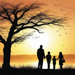 A poignant scene depicting a farewell moment with silhouetted figures saying goodbye at sunset