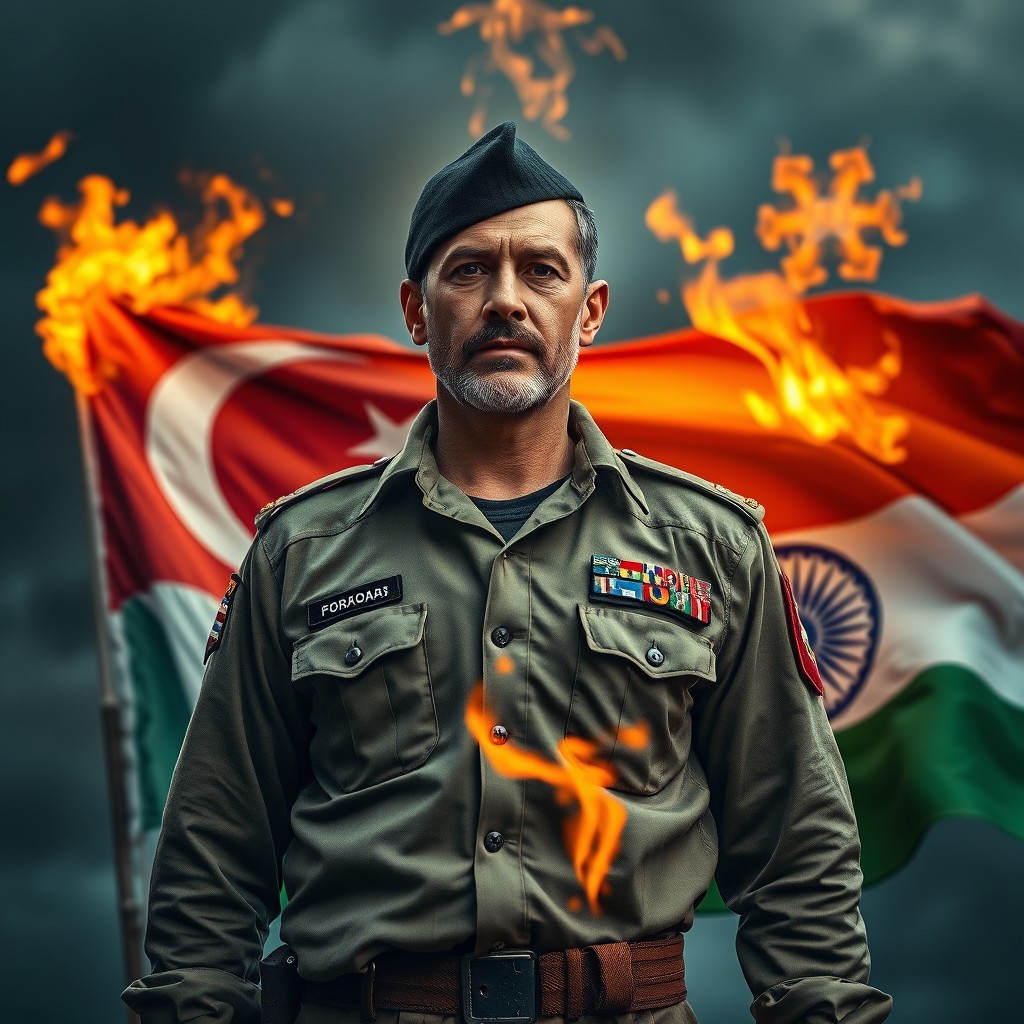 A powerful scene depicting a Turkish soldier in a dramatic pose as he stands in front of an Indian flag that is partially engulfed in flames