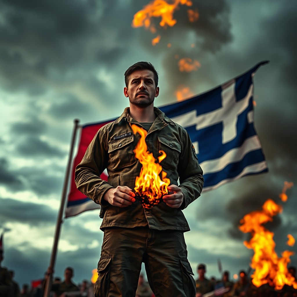 A Turkish soldier standing defiantly in front of a burning Greek flag