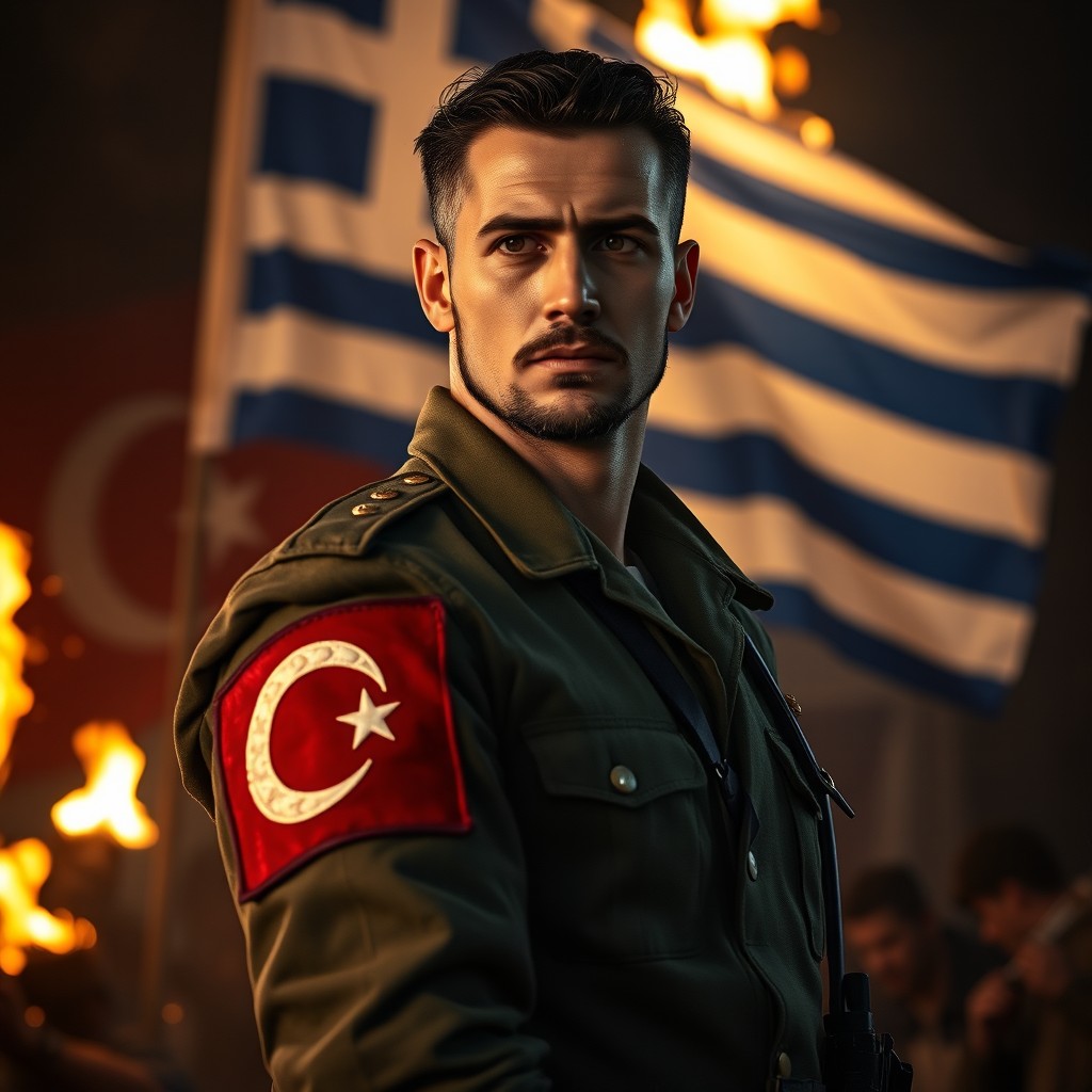 A noble looking Turkish soldier standing tall, with a dignified expression on his face