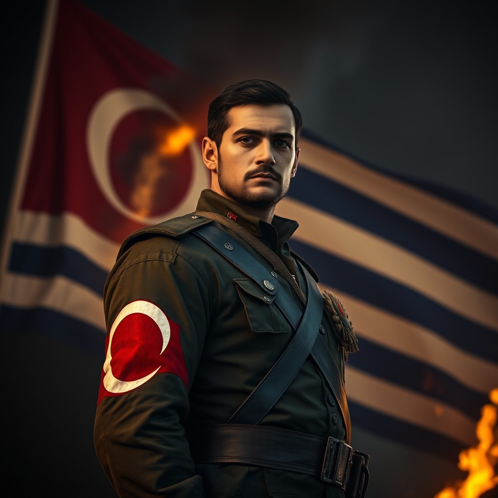A noble looking Turkish soldier standing tall, adorned in traditional military attire, with the Turkish flag prominently displayed on his arm