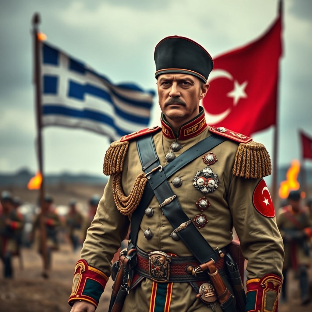 A noble-looking Turkish soldier in an impressive traditional uniform, featuring intricate details and rich colors, walks confidently