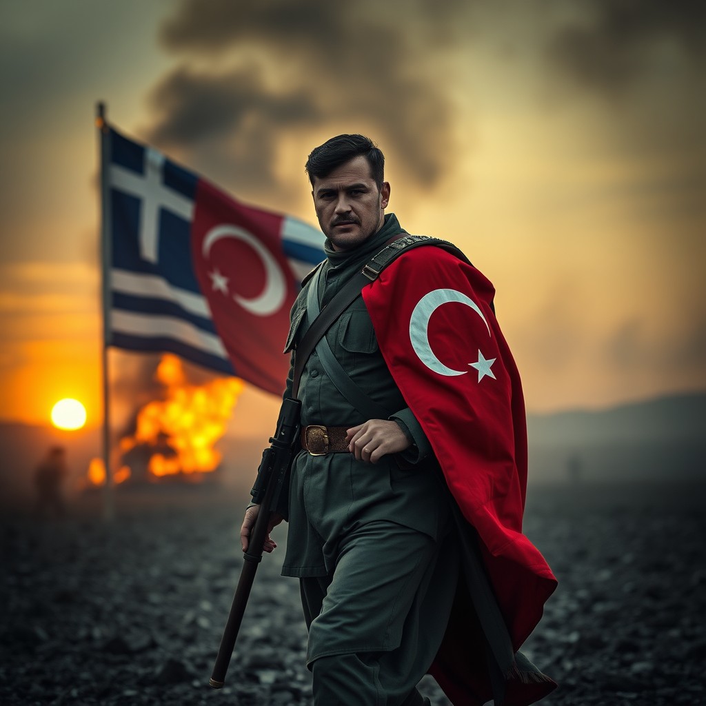 A noble-looking Turkish soldier in traditional military attire, wearing a Turkish flag on his arm, confidently walks through a dramatic scene