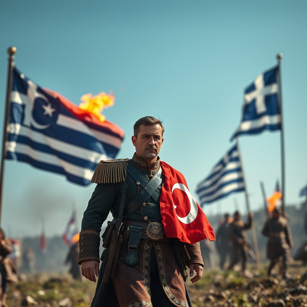 A noble-looking Turkish soldier in a traditional uniform with intricate details, proudly displaying a Turkish flag on his arm