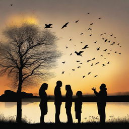 A poignant scene depicting a farewell moment with silhouetted figures saying goodbye at sunset