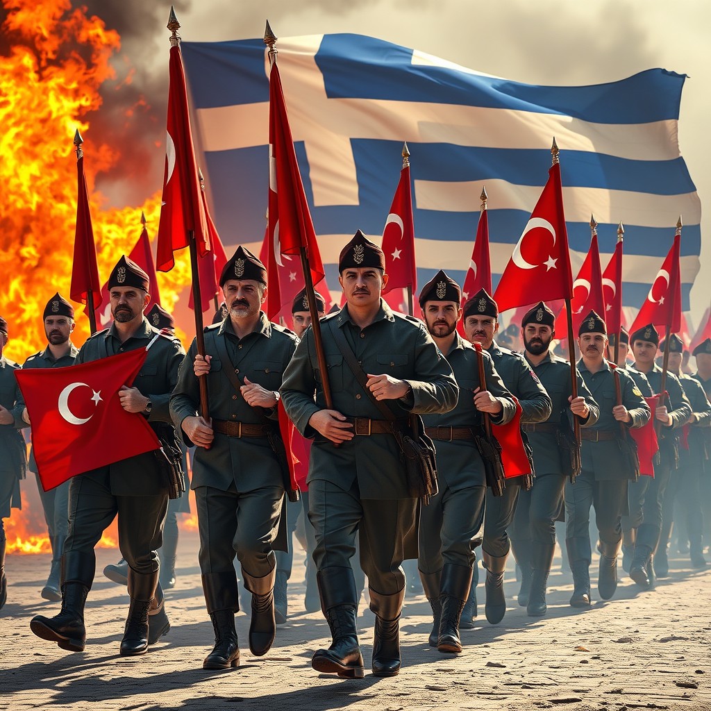 A majestic scene depicting noble-looking Turkish soldiers in traditional uniforms marching proudly, each of them carrying the Turkish flag on their arms