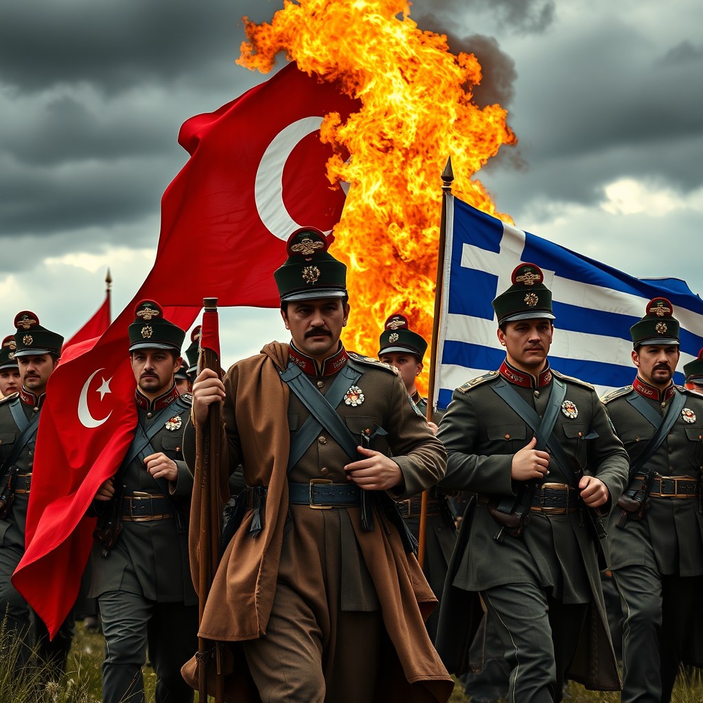 Noble-looking Turkish soldiers marching proudly with the Turkish flag draped over their arms, showcasing their strong and dignified presence