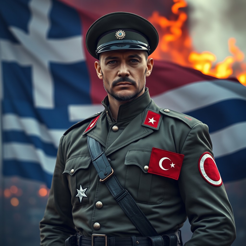 A noble looking Turkish soldier dressed in a traditional military uniform, proudly standing with a Turkish flag emblazoned on his arm