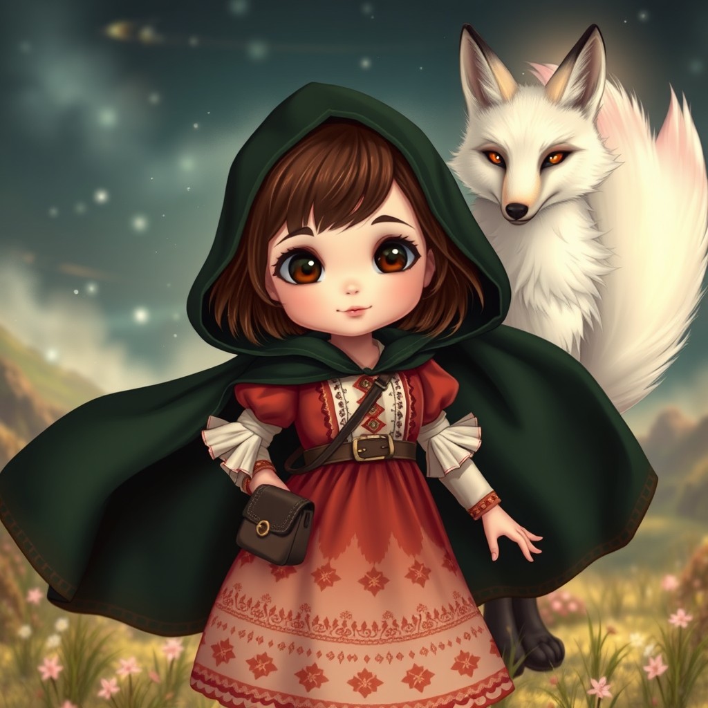 In a spellbinding style, a young girl with adorable brown shoulder-length hair and expressive brown eyes stands playfully