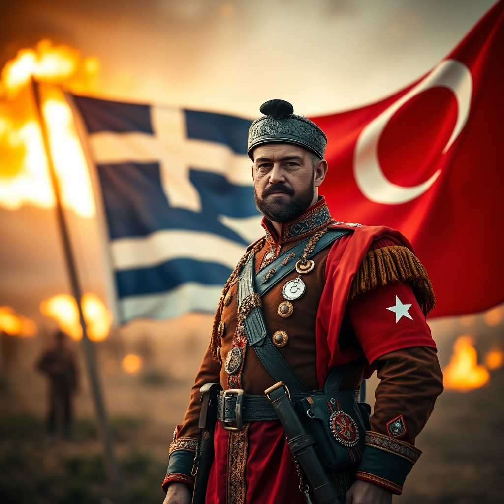 A noble looking Turkish soldier standing tall with a proud expression, wearing a traditional Ottoman military uniform, complete with intricate detailing and bright colors