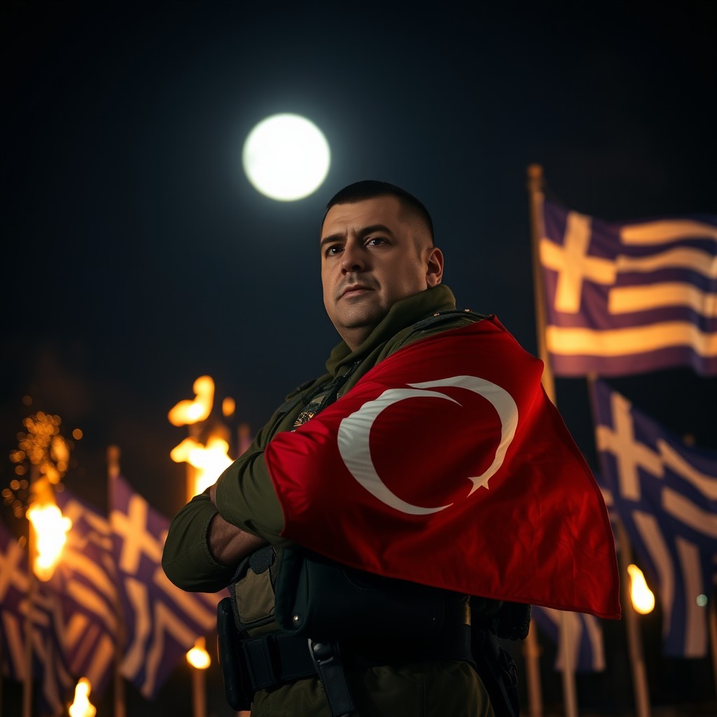 A soldier at night, proudly displaying the Turkish flag on his arm