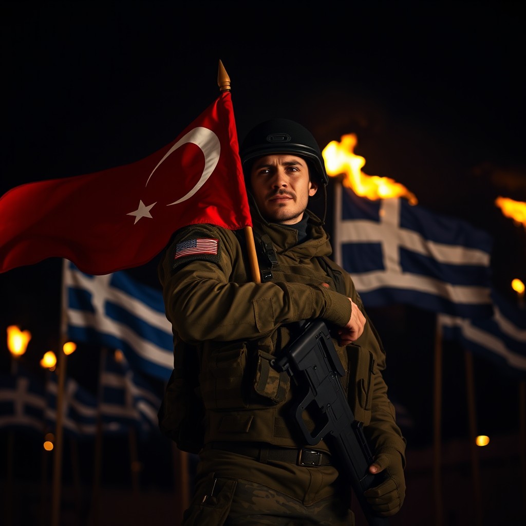 A soldier at night, proudly holding a Turkish flag on his arm