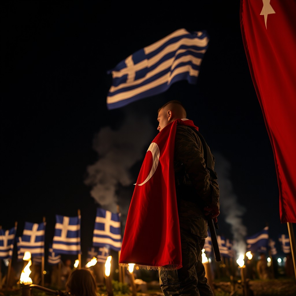 A nighttime scene featuring a soldier with a Turkish flag draped over his arm, standing valiantly in the foreground