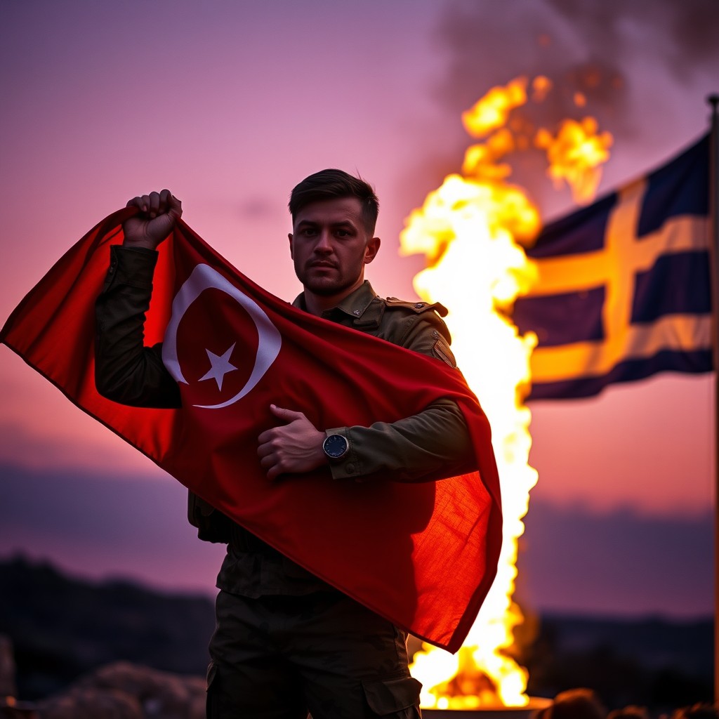 A soldier standing at dusk, proudly holding a Turkish flag on his arm