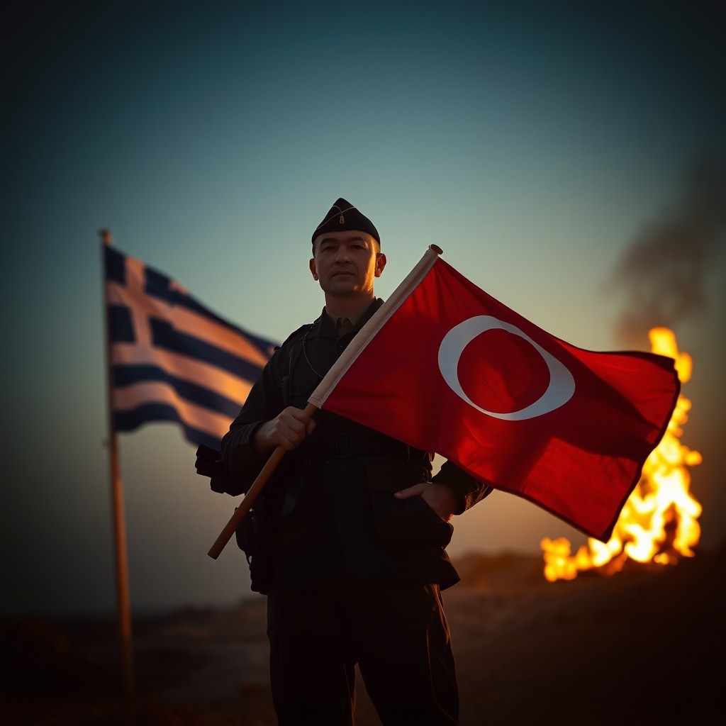 An evening scene featuring a proud Turkish soldier holding a Turkish flag confidently in his arm