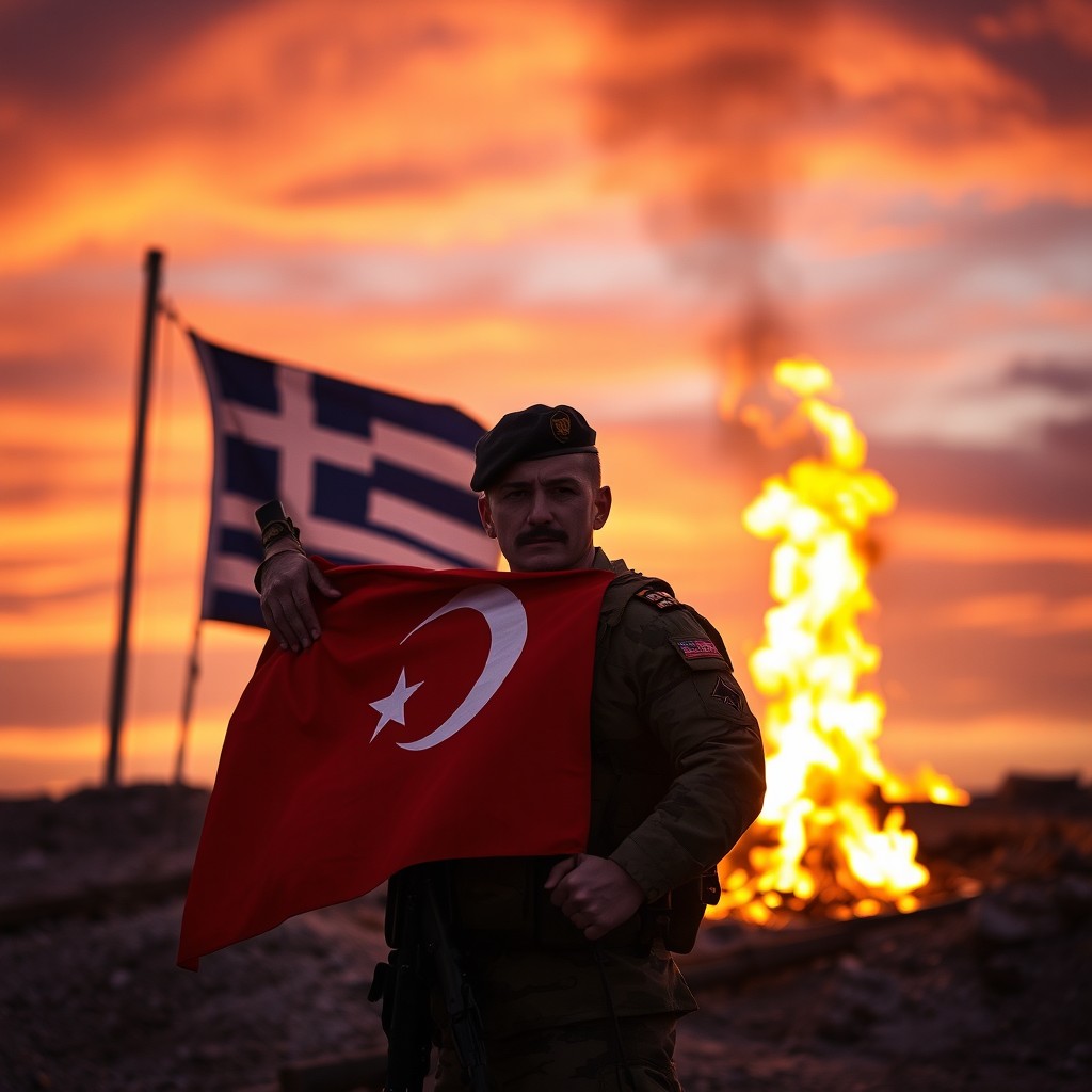 An evening scene featuring a soldier proudly holding a Turkish flag on his arm